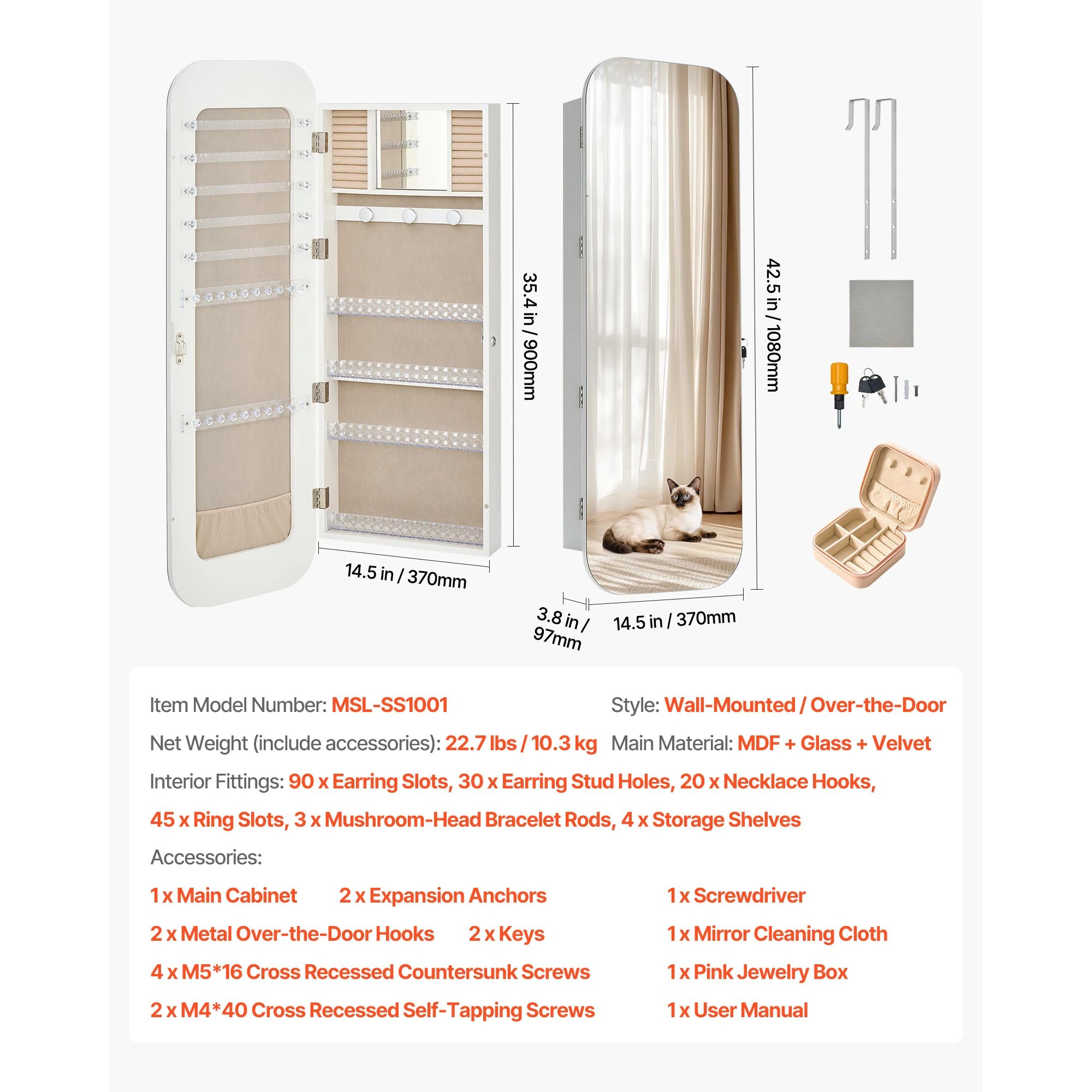 Full-Length Mirror Jewelry Cabinet with Lock & Hidden Storage