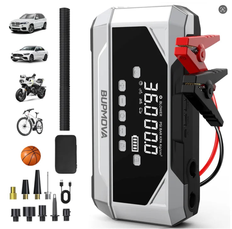 26800mAh Jump Starter with Air Compressor 1000A/1500A PEAK  Booster Tyre Inflator Portable Car Battery Power Bank Charger Air Pump,with LCD Display, Jump Starter Power Bank  (All Gas/ 8.0L Diesel), LED Light, Design for Cars,