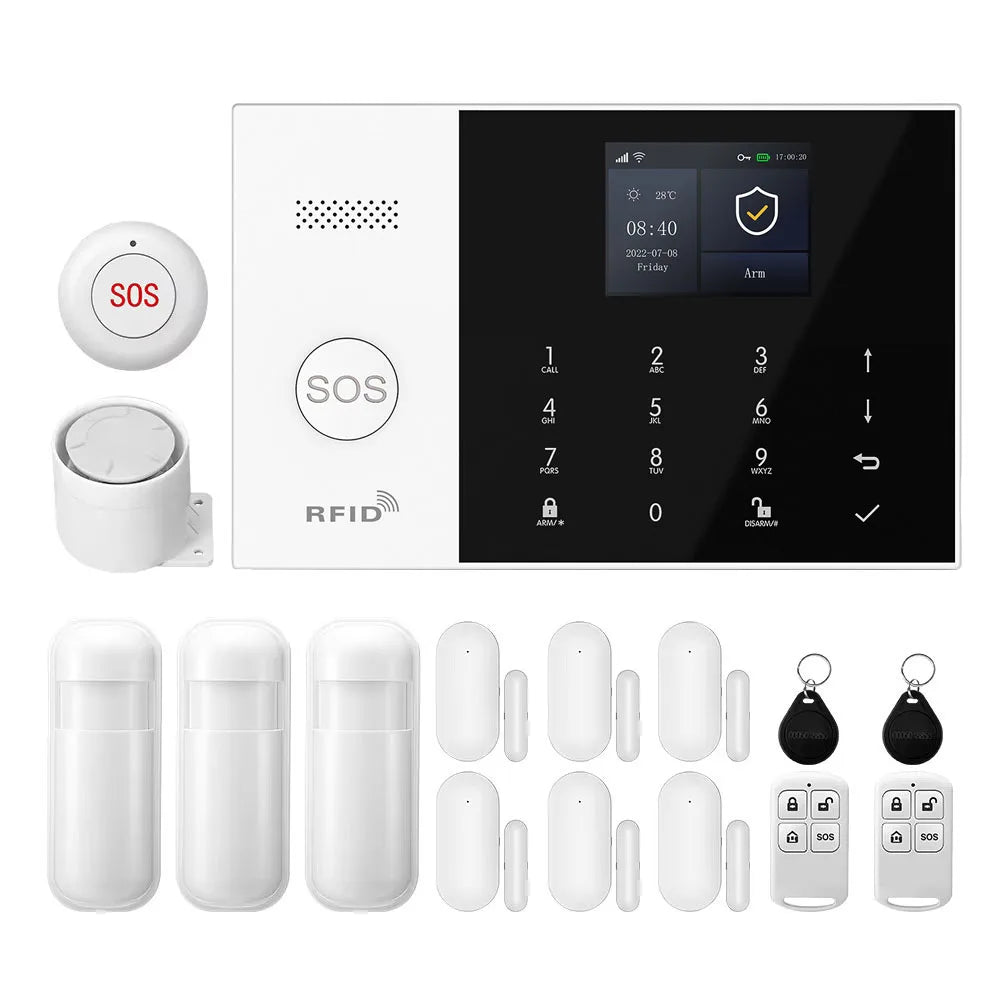 PGST Kit de système d'alarme antivol intelligent 4G WiFi Works with Tuya Works with Smart Life Connexion sans fil Ensemble de capteurs Télécommande Alerte en temps réel Sécurité domicile Bureau Entrepôt Euro