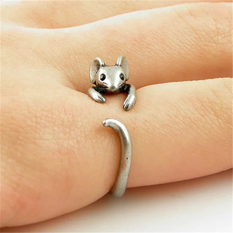 Huitan Vintage Mouse Animal Finger Ring for Women Antique Silver Color Gothic Girls Knuckle Rings Fancy Gift 2023 Hot Jewelry 