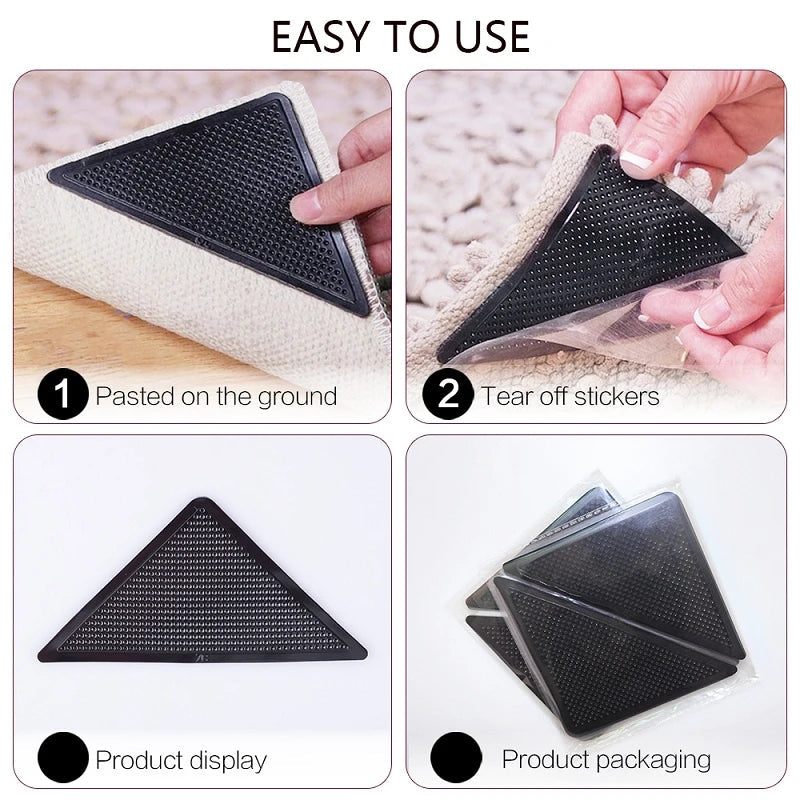 4Pcs8pcs/set Triangle Washable Reusable Rug Gripper Anti-skid Rubber Mat Non Slip Patch Tape for Tile Floors Carpets Corners Pad 