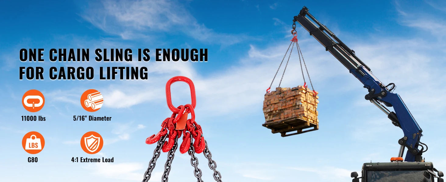5/16" x 5 Ft G80 Chain Sling with Hooks – 11,000 lb Load
