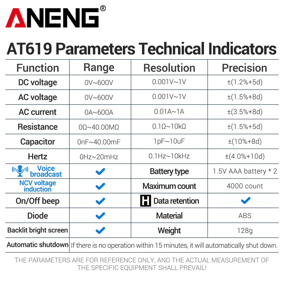 ANENG AT619 digital tangamperemeter, 600 V / 600 A