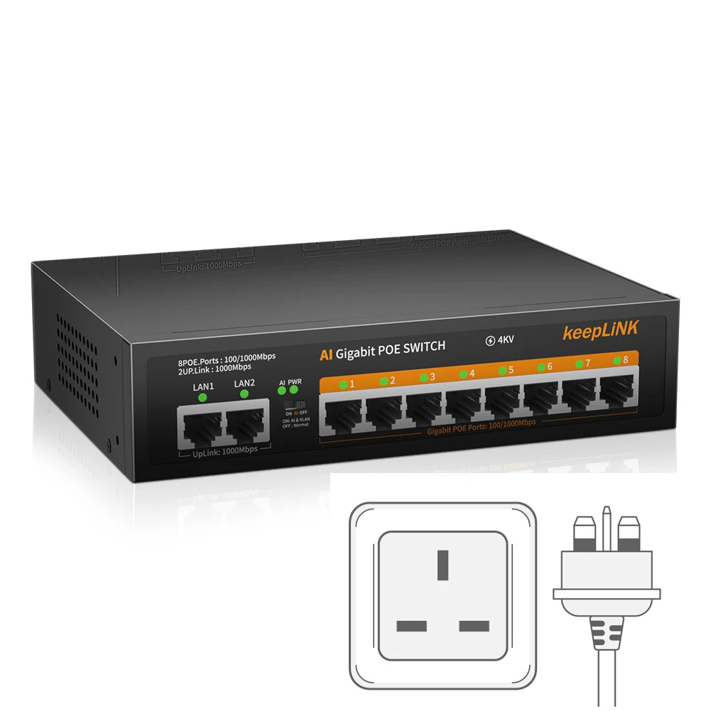 KeepLiNK 10-Port Gigabit Switch with 8-PoE and 2-RJ45 for Uplink Unmanaged Plug and Play 