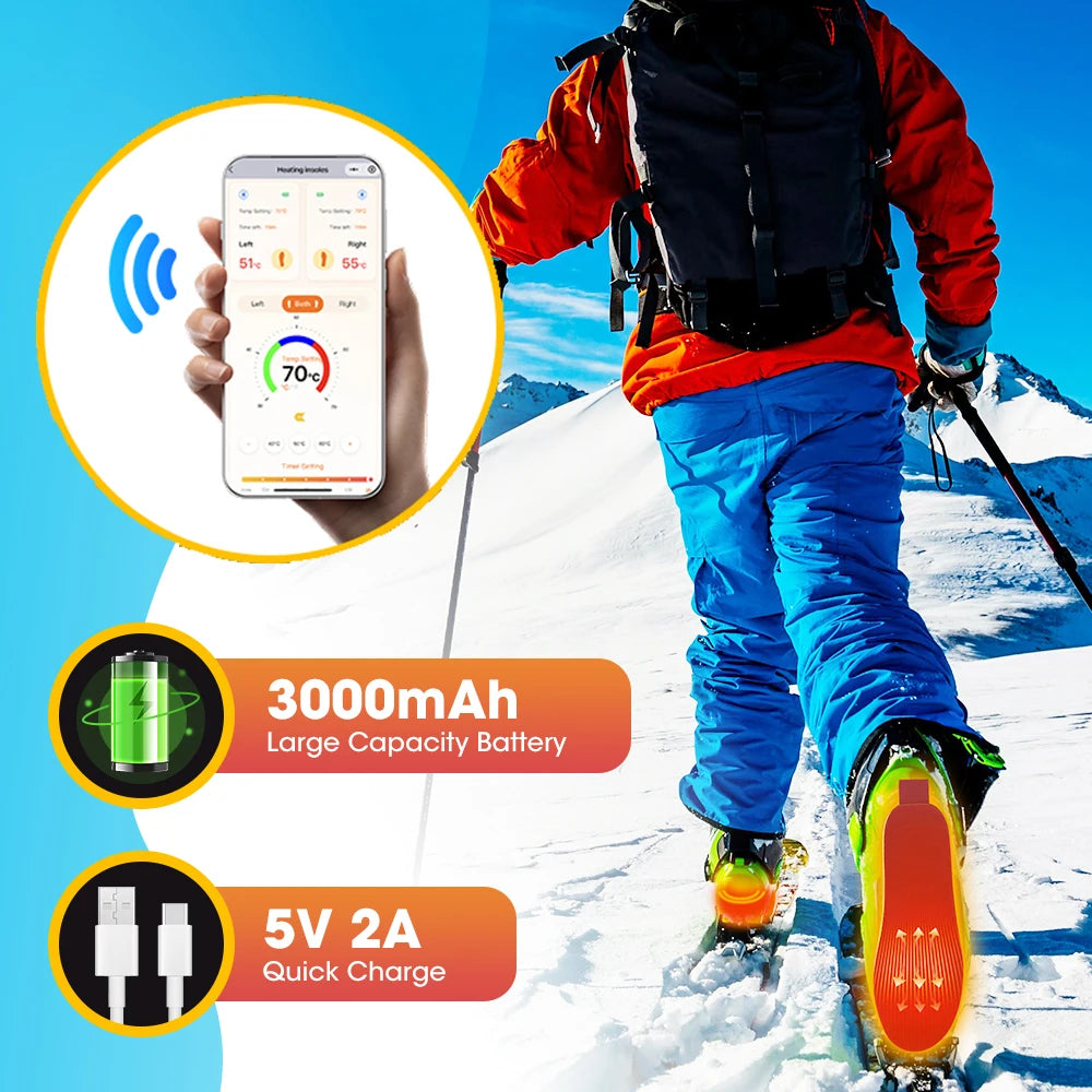 Opvarmede indlæg Genopladelige, app-styring 3000mAh Trådløs elektrisk fodvarmer 16 t driftstid, IPX7 Vandtæt Skær til pasform Smart opvarmede skosåler til ski støvler Vandreture udendørs arbejde vinter mænd kvinder, 30-70°C Dualstyring,