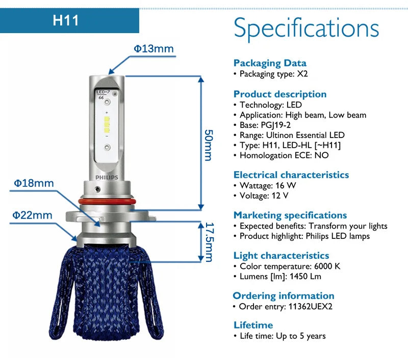 Philips LED H4 H7 HB3 HB4 H8 H11 H16 Ultinon Essential Auto svetlá 6000K Jasný biely HIR2 9012 9005 9006 LED Upgrade žiarovky