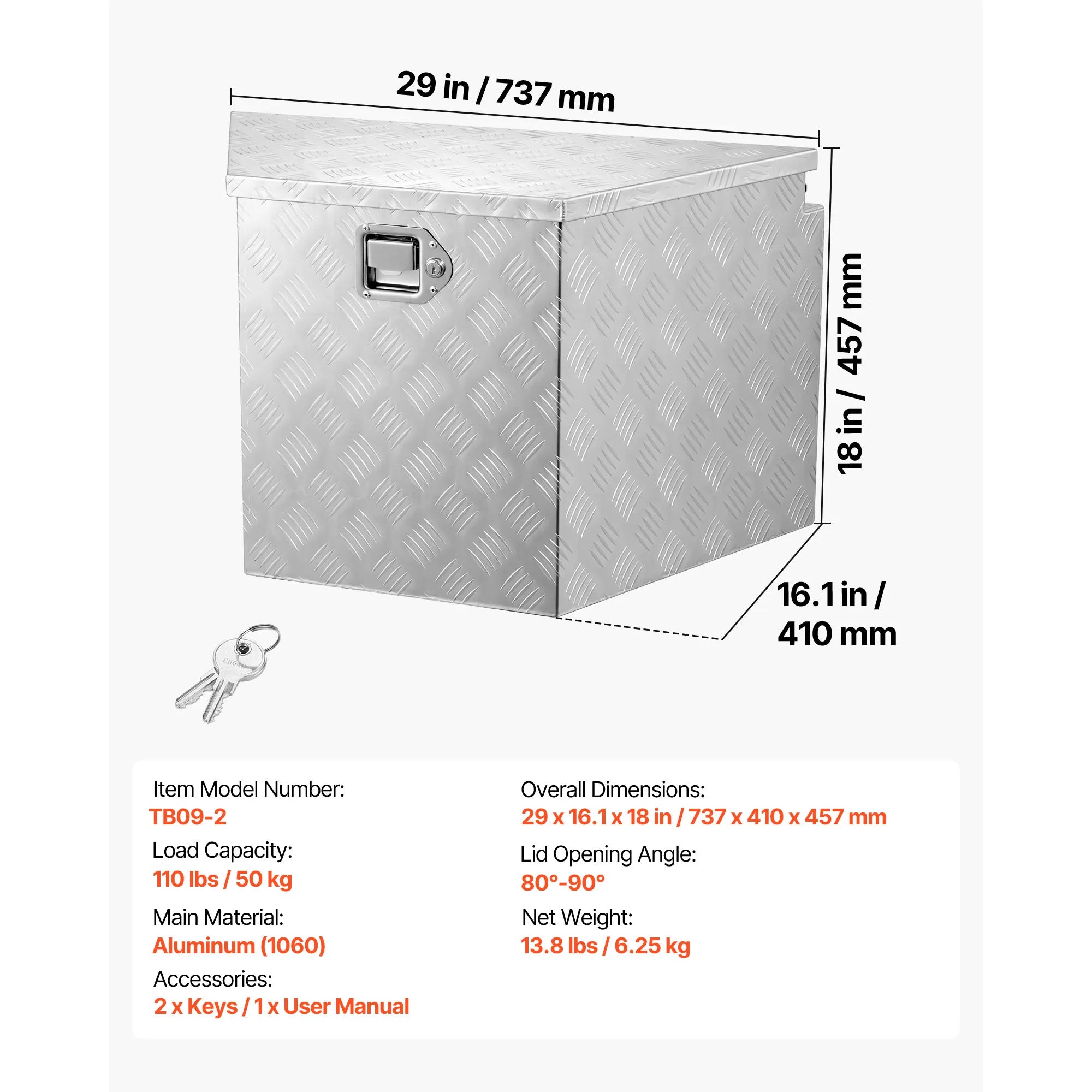 Coffre en aluminium pour timon de remorque avec serrure pour rangement de camping-car, camion et remorque