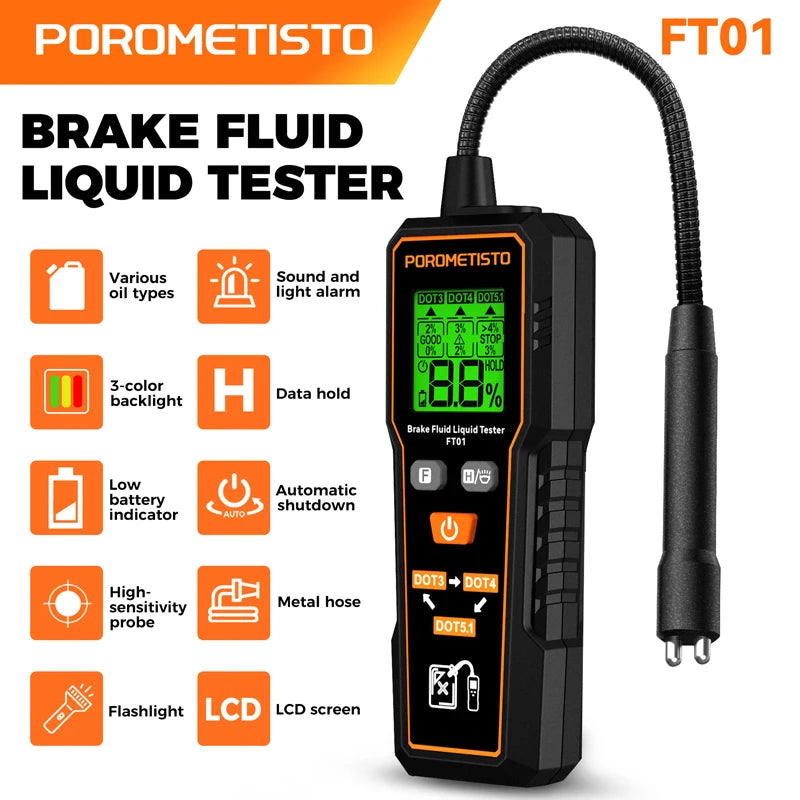 FT01 Automotive Brake Fluid Brake Oil Tester Portable Digital Brake Fluid Tester DOT3/DOT4/DOT5.1 Test With Flexible Probe