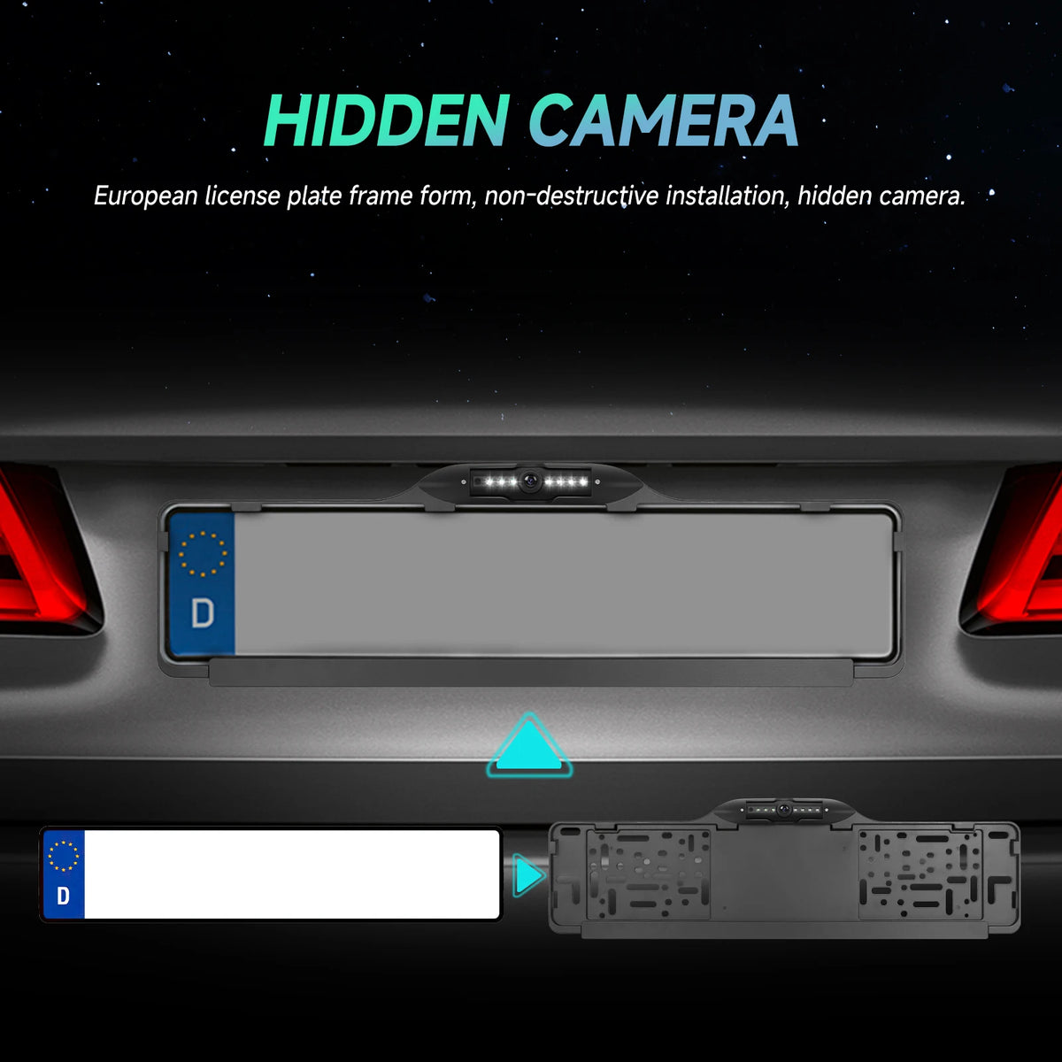 Cámara trasera para coche con marco de placa de matrícula europeo, impermeable, visión nocturna LED blanca 720P/1080P/CVBS Ajustable