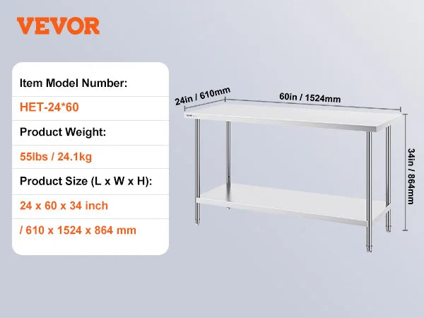 Table de préparation en acier inoxydable avec étagère réglable pour usage en cuisine