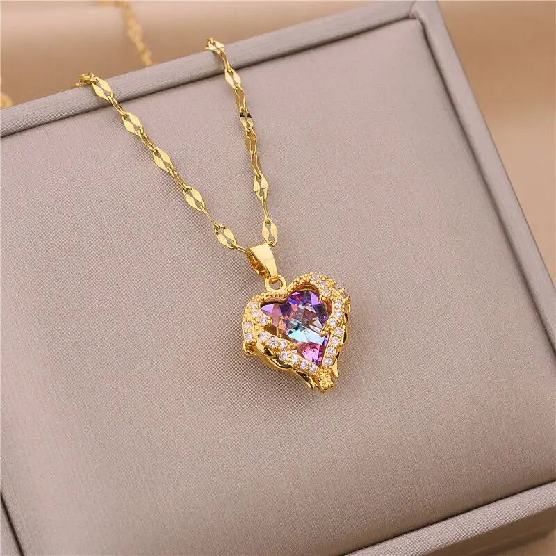 Top Luxury Colorful Crystal Ocean Heart Pendant Necklace For Women Trendy 316L Stainless Steel Jewelry Female Wedding Neck Chain 