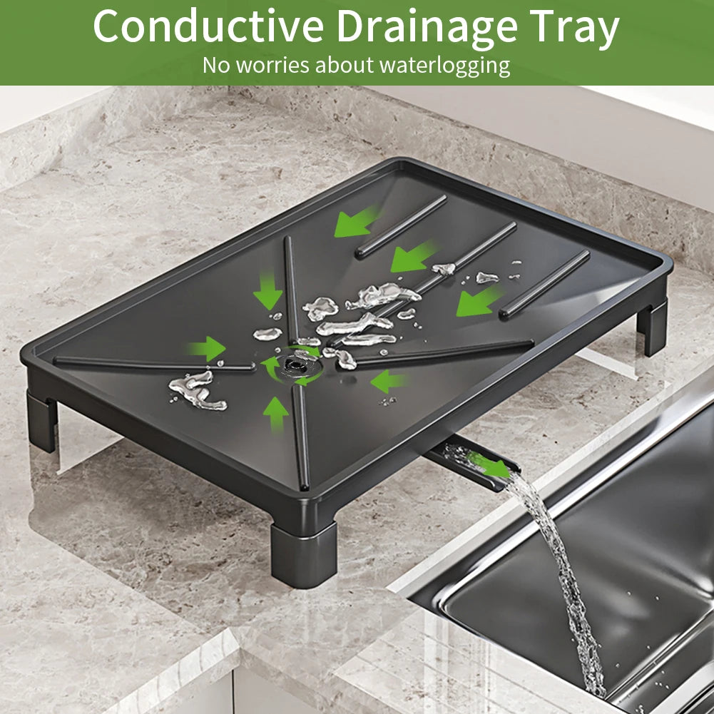 Crni jednokatni stalak za suđe za organizirane radne površine