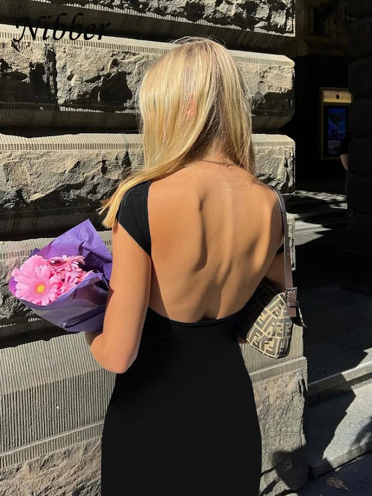 Nibber Solid Sexy Backless Maxi Dress Women Elegant Elastic Slim Short Sleeve Long dresses Female Bodycon Streetwear Clothing 
