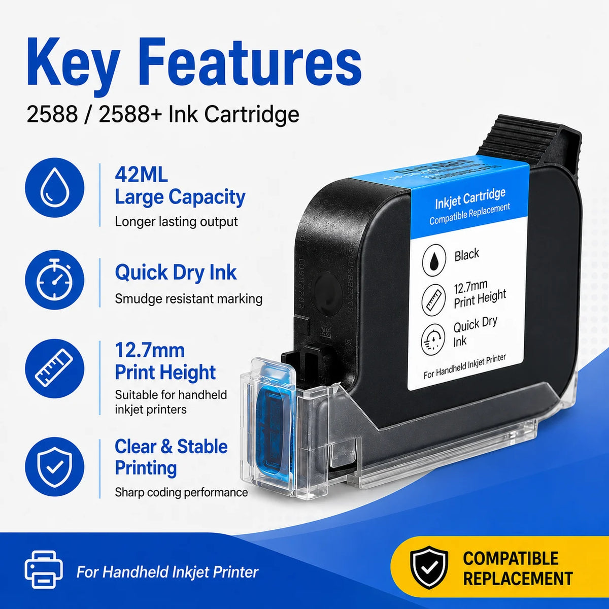 Cartucho de Tinta Rápida 2588 2588+ 2588M 42ML Altura de Impressão 12,7 mm para Impressora de Tinta Portátil Compatível Substituição
