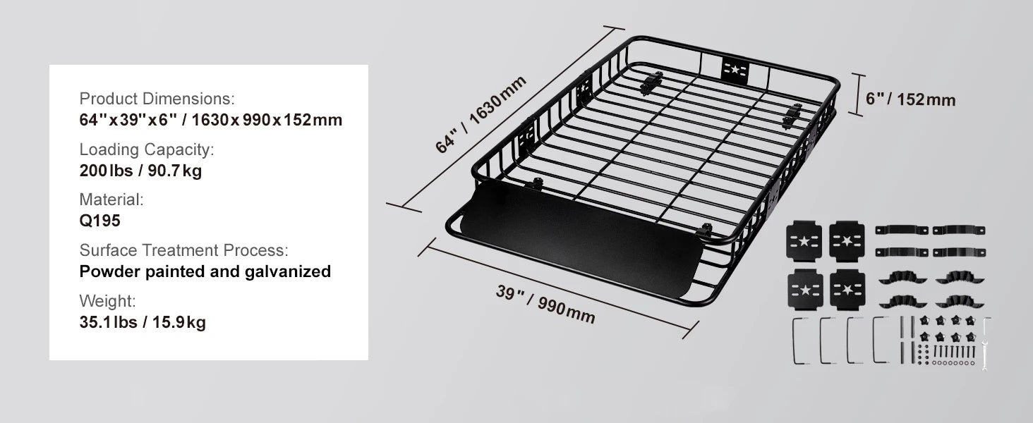 Roof Rack Cargo Basket 200lb Heavy-Duty Rooftop Carrier