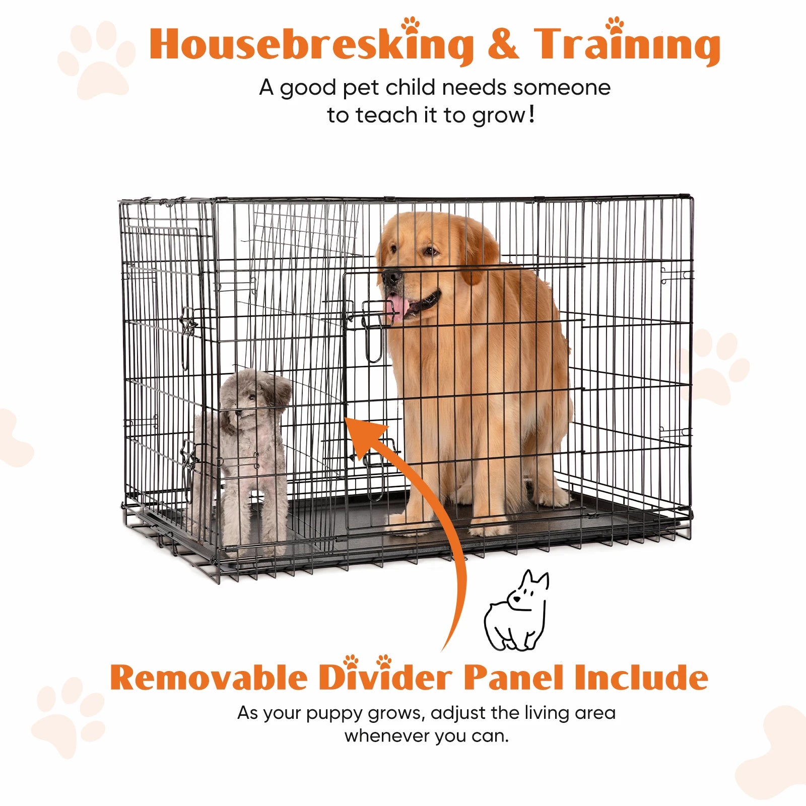 48 Inch Folding Metal Dog Crate with Double Doors & Leak-Proof Tray