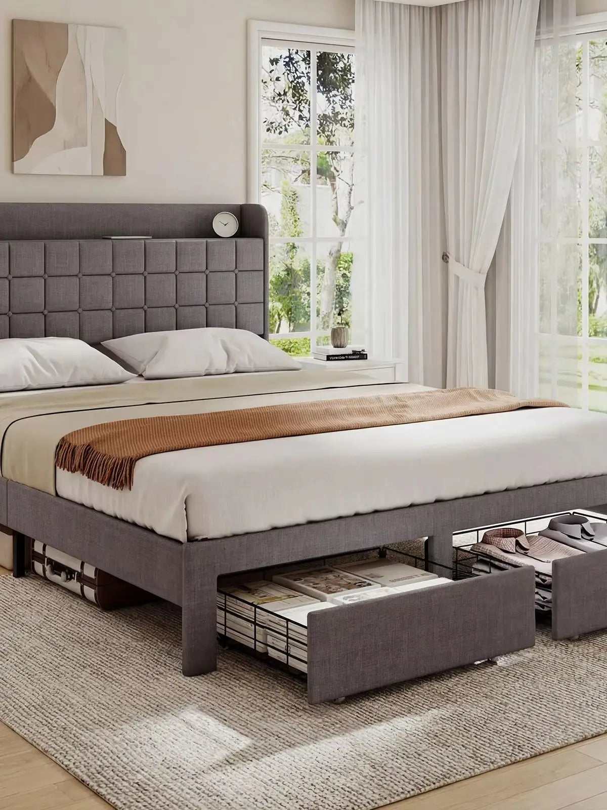 Wood Bed Frame with Storage Drawers & Upholstered Headboard