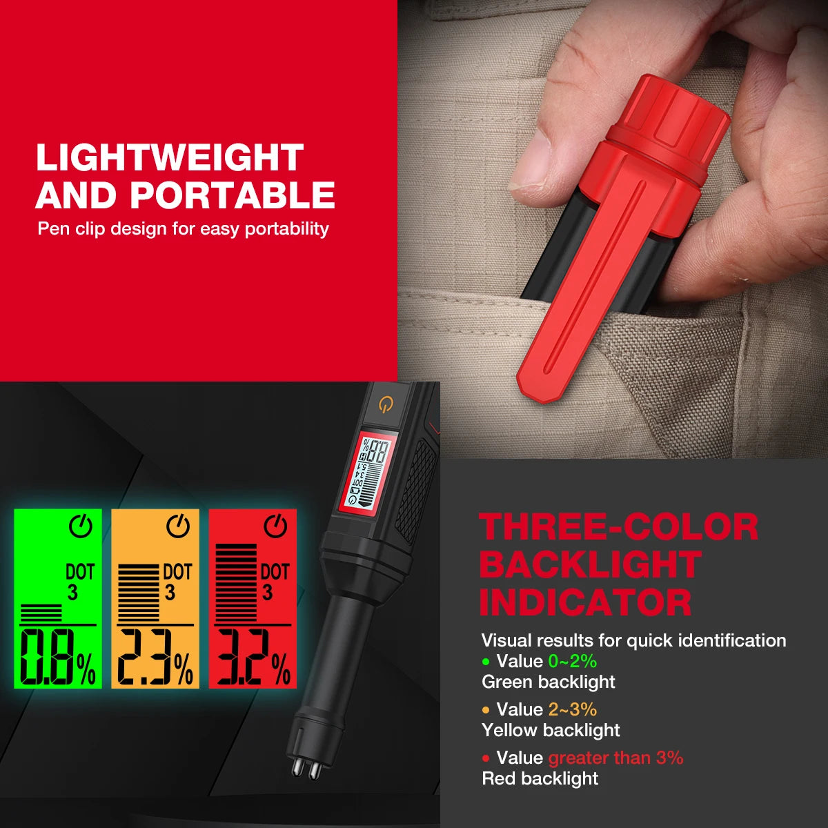 3-Colors Backlight Portable Digital Brake Fluid Tester Accurate Auto Car Brake Oil Tester Sound Light Alarm DOT3 DOT4 DOT5.1