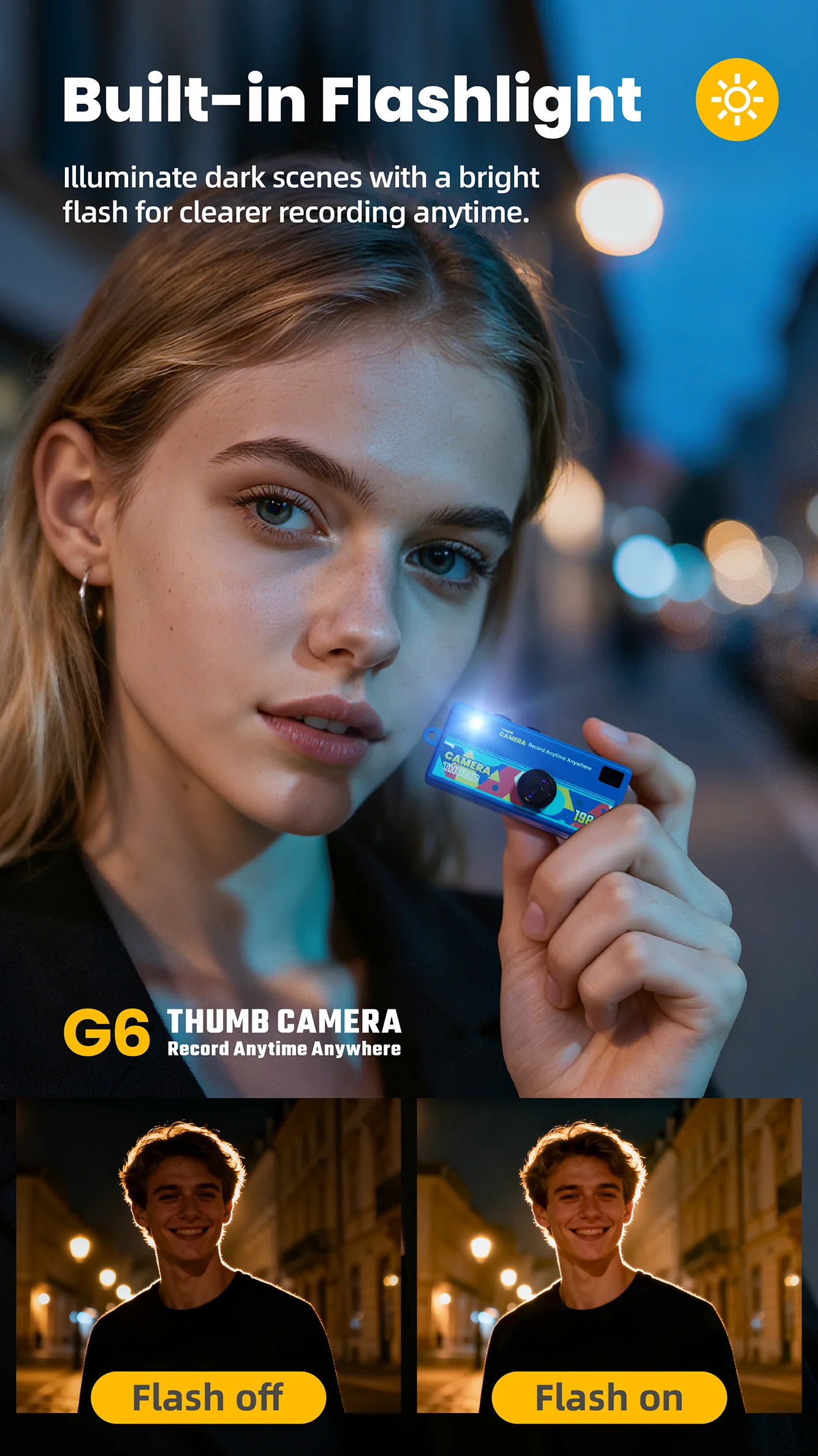 1080P Thumb Mini Camera with 130° Lens, LCD Screen & Fill Light