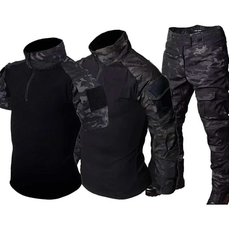 Black Camo Training Sets 1/4 Zipper Combat Tops Tactical Suits Hiking Pants Men Durable Shirts Multiple Pockets Wear-resisting