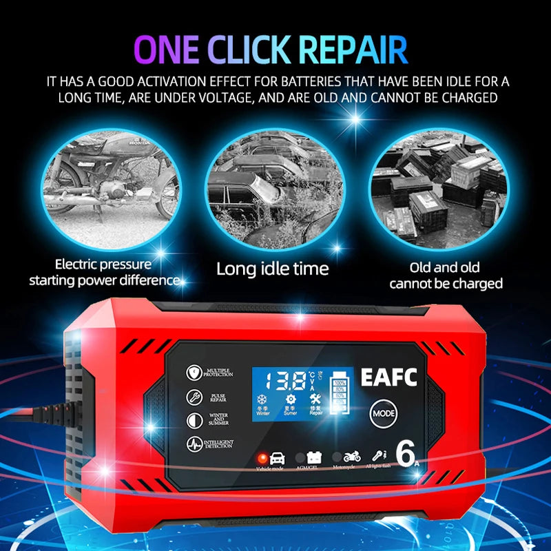 Car Battery Charger 12V 6A Intelligent Fast Charging Pulse Repair Type Full Auto-Stop Dual-Mode Lead Acid for Motorcycle Truck 