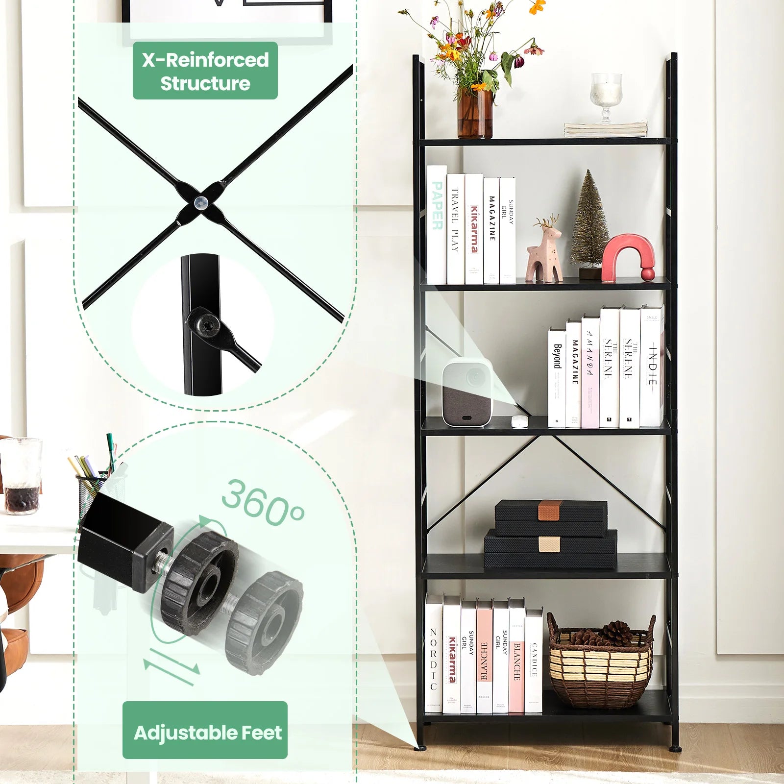 5 Tier Wooden Bookshelf with Metal Frame Tall Storage Display
