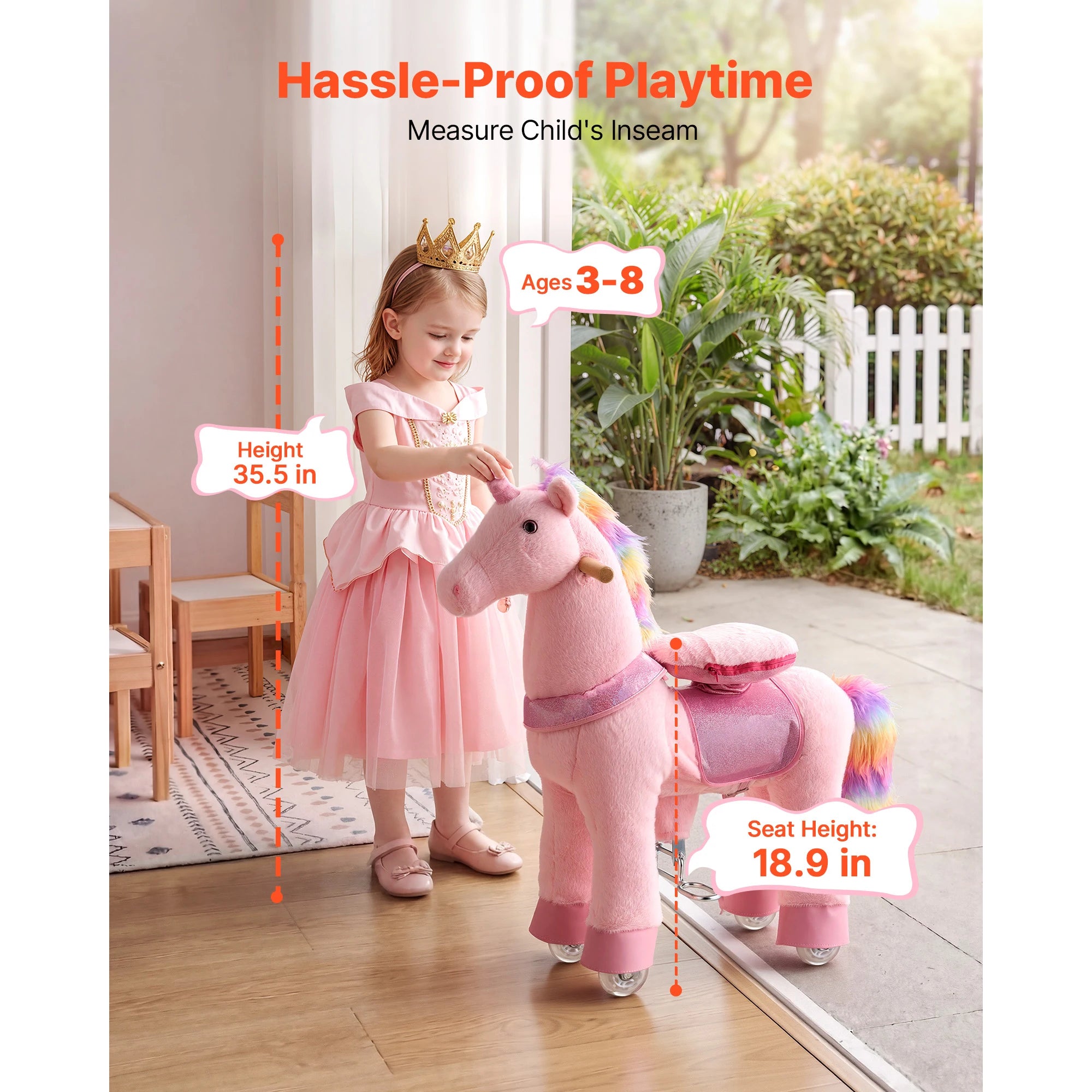 SucceBuy 110/176 lbs Kids Ride On Horse Riding Pink Unicorn Toys Smooth Wheels with Anti-Roll Stop Ring & Handles for Children