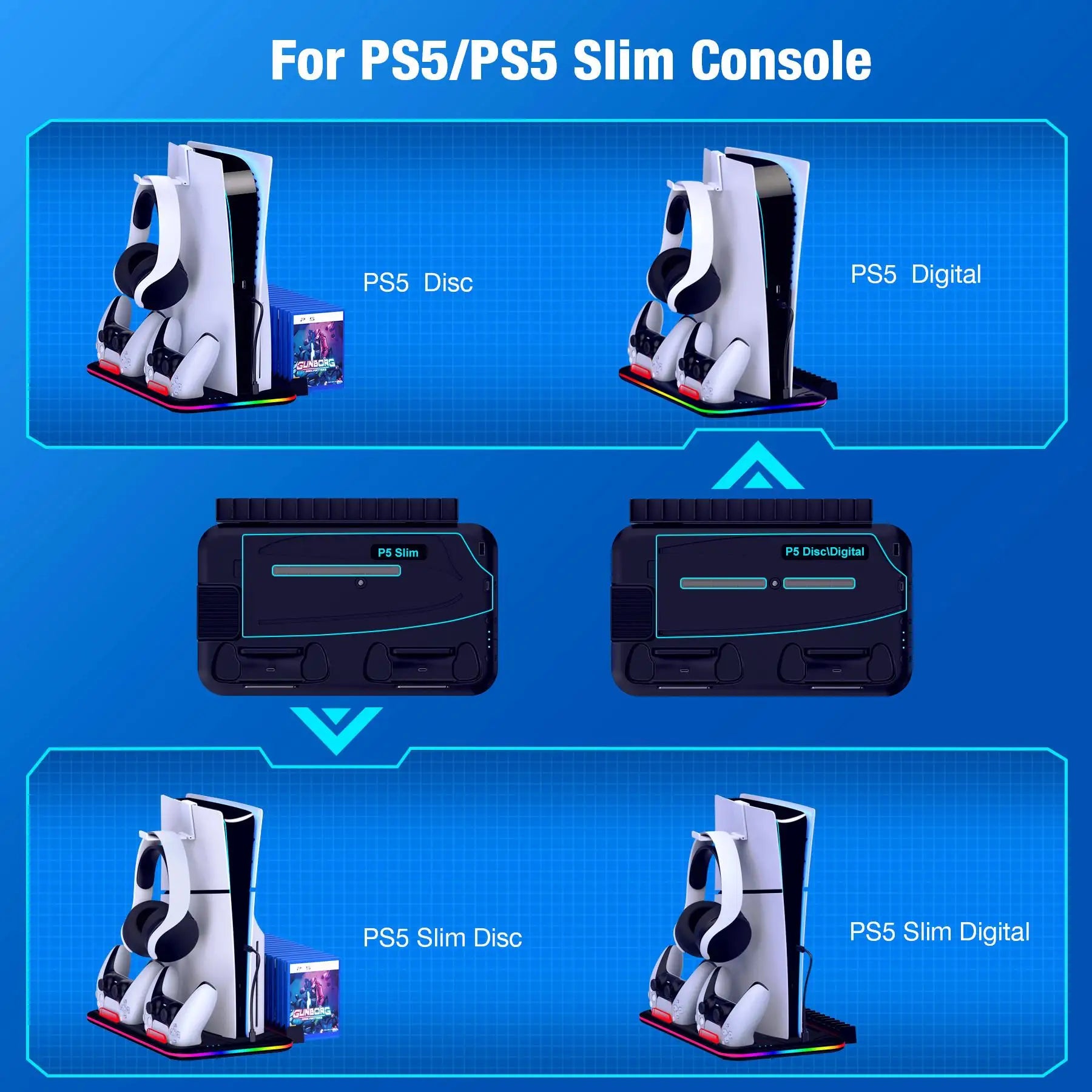 Slim Console Cooling Stand with RGB Light, Dual Controller Charger, 15 Game Slots and Headset Holder