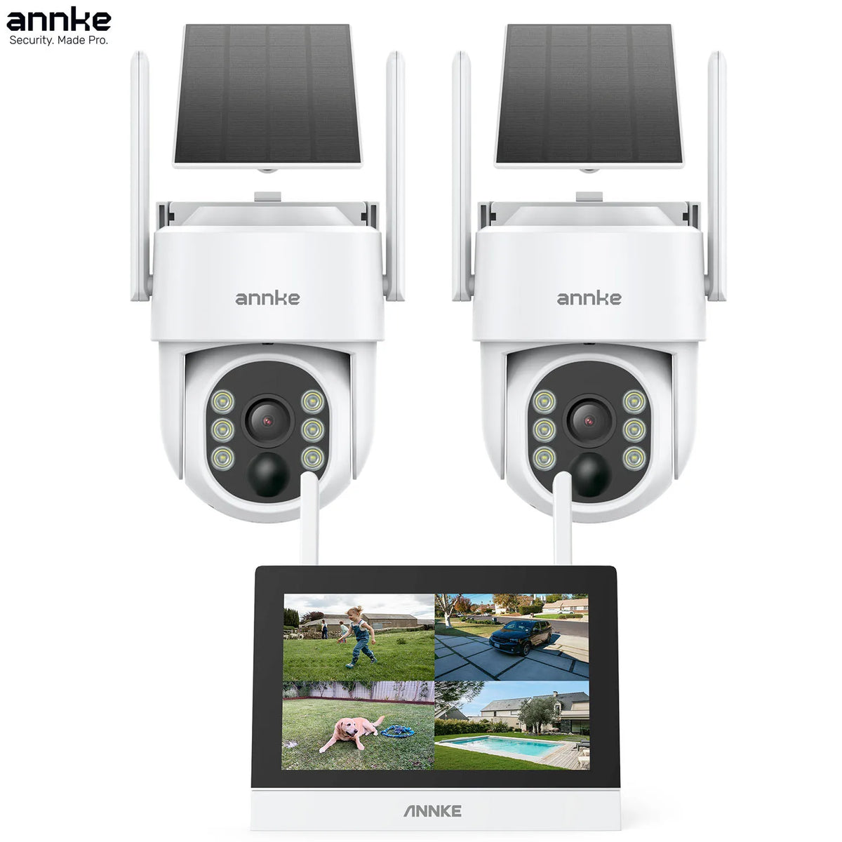 4CH Wireless Security Camera System with 7 Inch Monitor and 2 Solar PTZ Cameras
