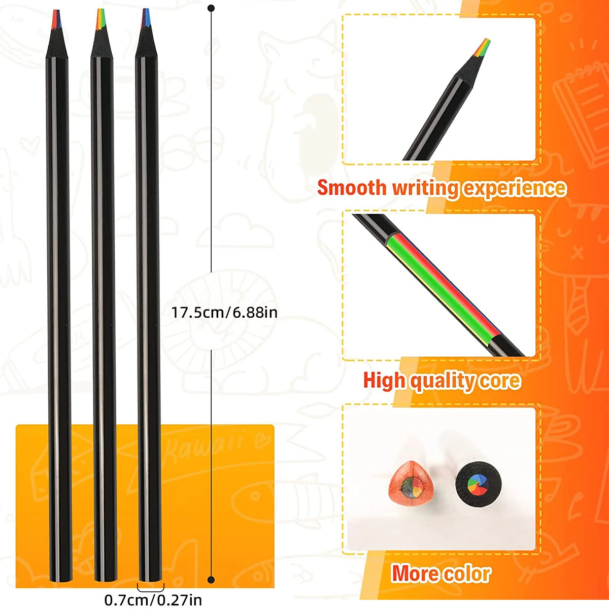 10 Pcs Colored Black Wood Pencils, 7 in 1 Rainbow Drawing Pencil. for Sketching, Doodling, Coloring, Painting 