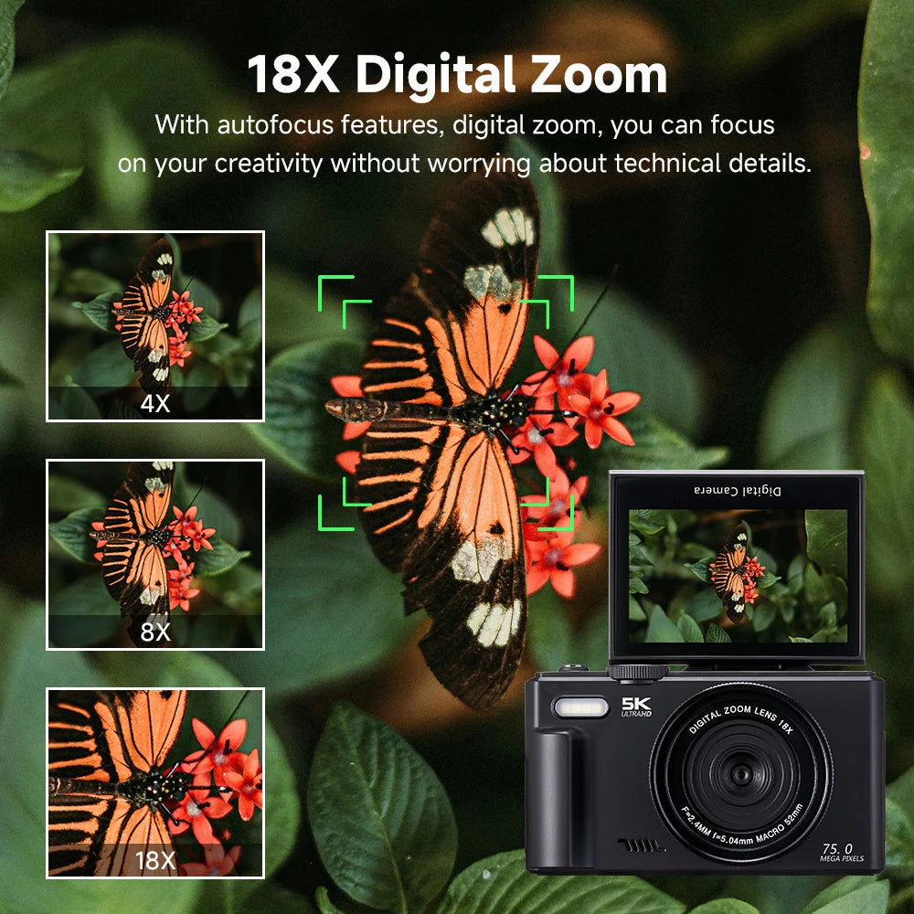75MP Digital Camera 5K 18X Zoom Flip Screen WiFi