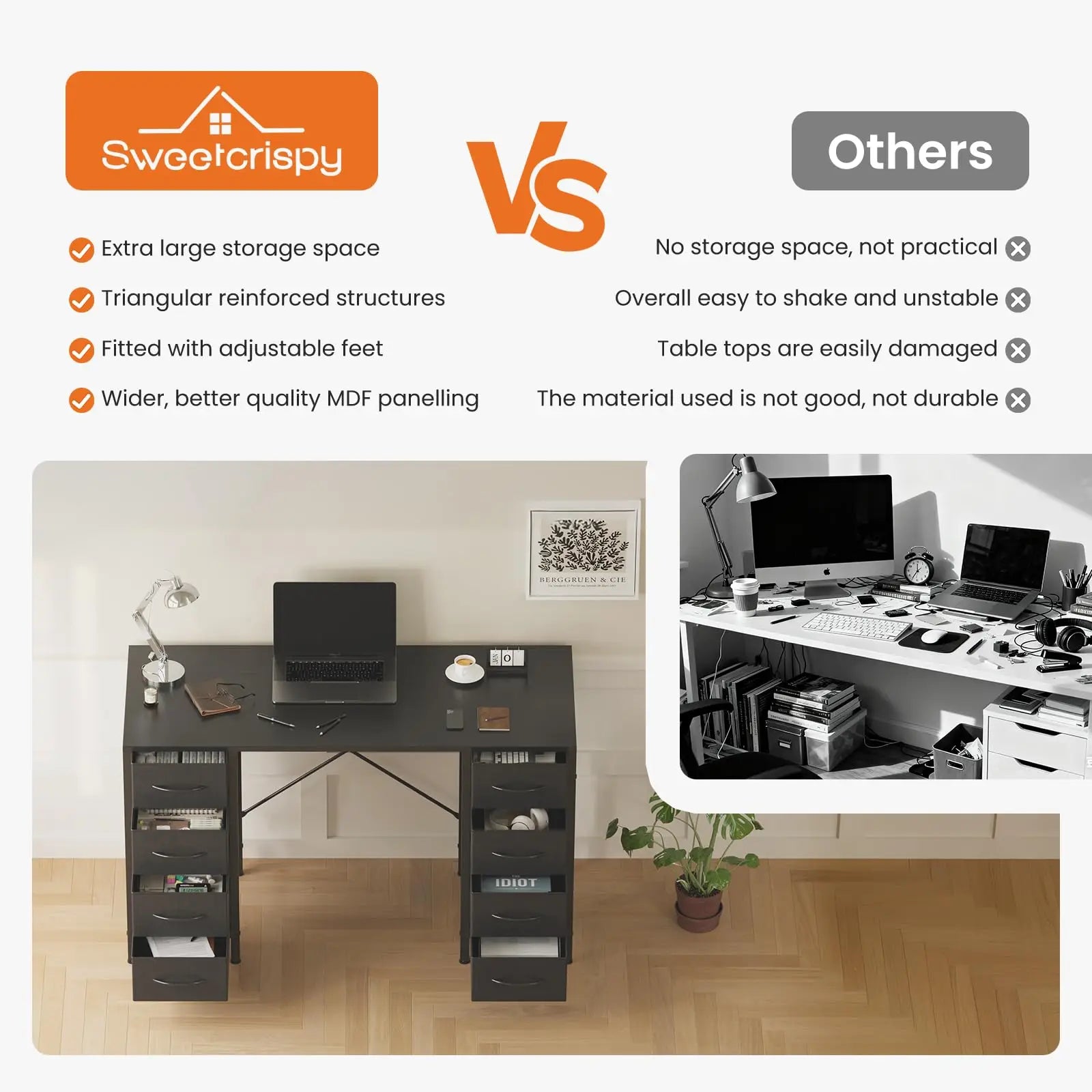 47 Inch Computer Desk with 8 Drawers Storage & Sturdy Frame