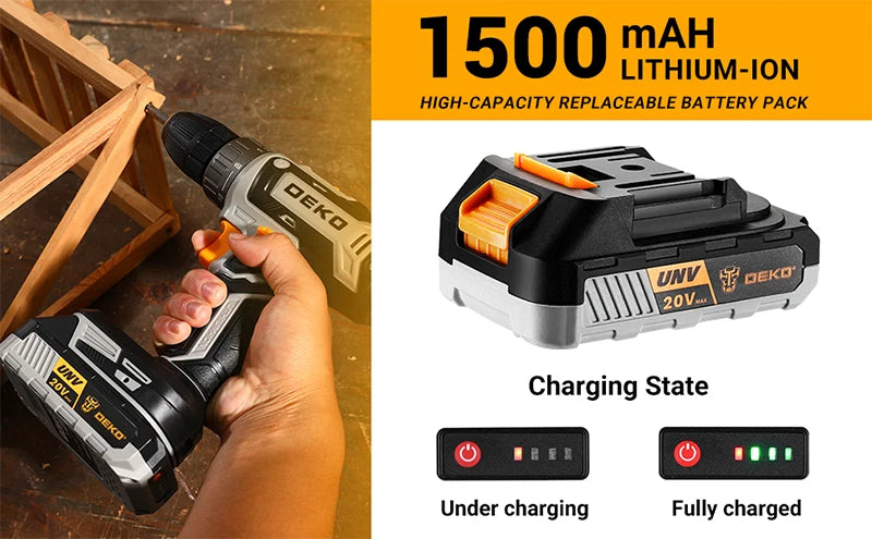 DEKO 20V Cordless Drill Driver Kit with Battery and Charger