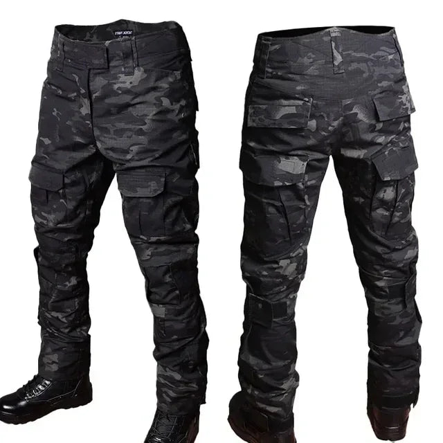 Black Camo Training Sets 1/4 Zipper Combat Tops Tactical Suits Hiking Pants Men Durable Shirts Multiple Pockets Wear-resisting