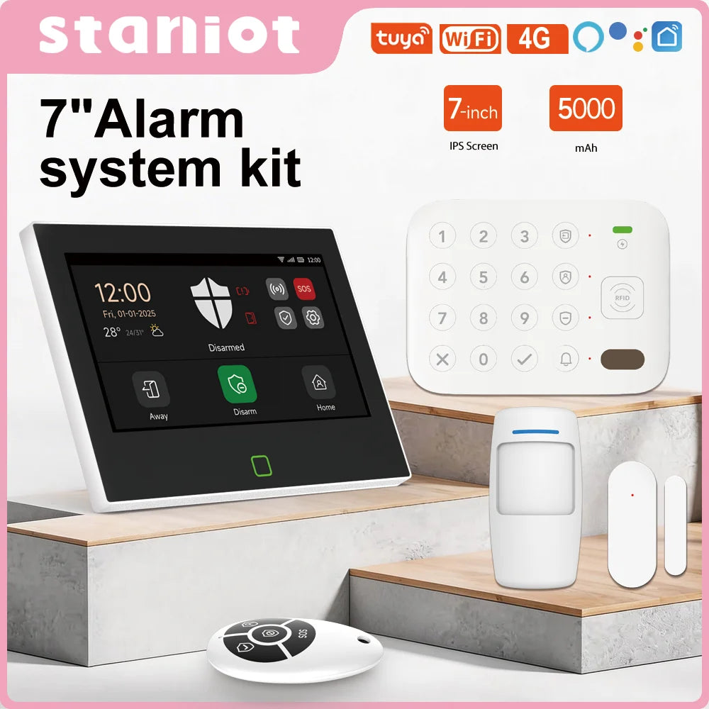 Staniot 7 inch Smart Home Security Alarm System 4G WiFi Touch Screen Built-in 5000mAh Battery Tuya Wireless Security Protection