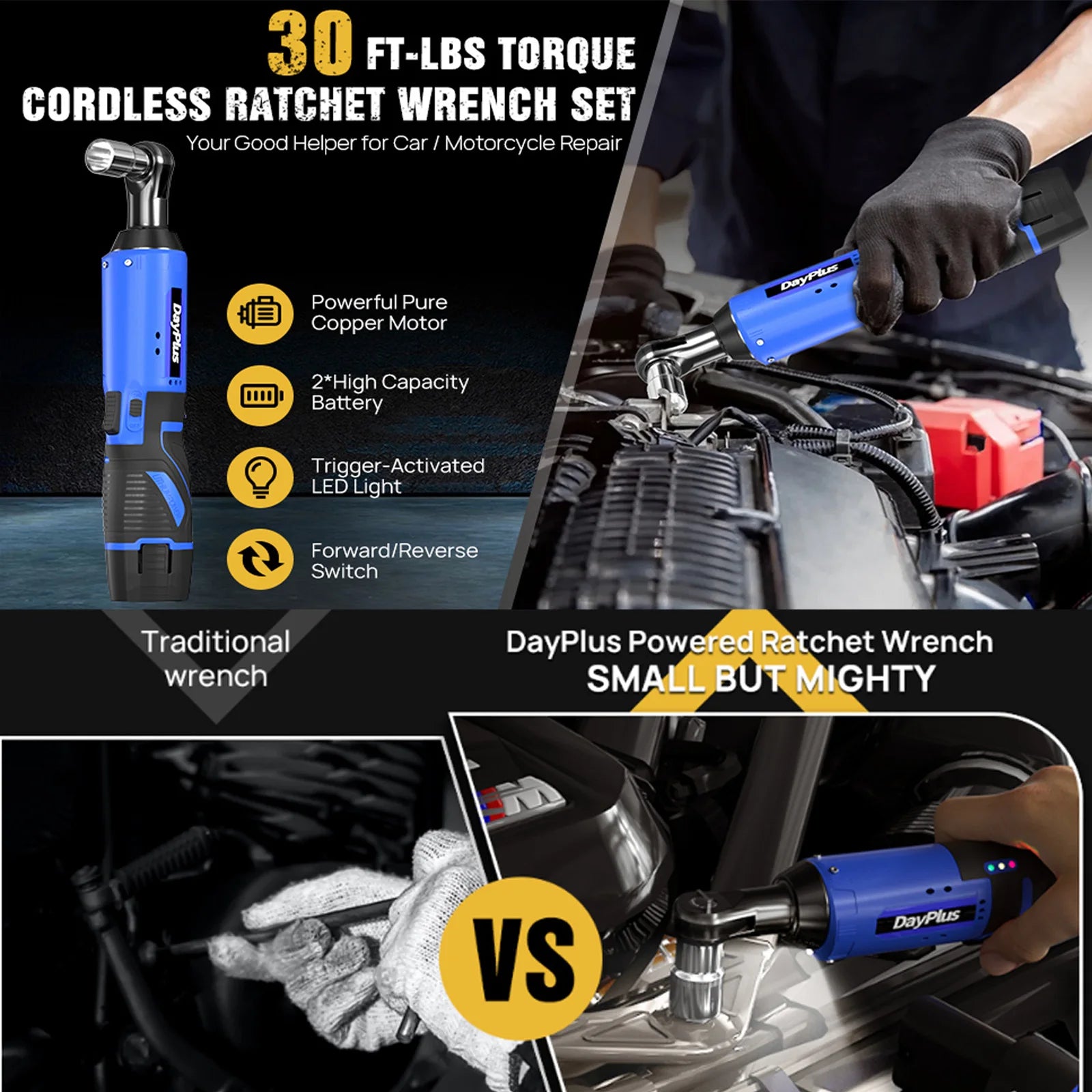 Electric Cordless Ratchet Wrench 3/8'' 90° Angle with LED and Socket Set