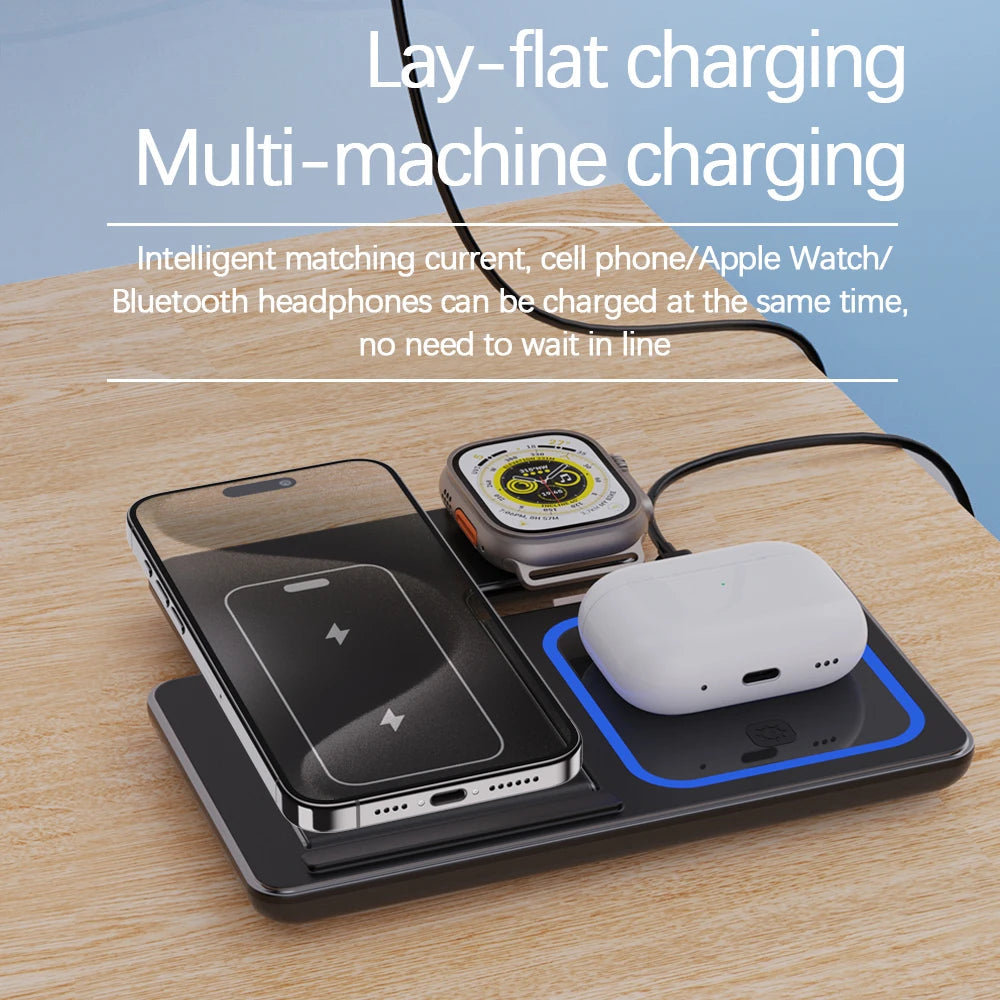 30W LED Fast Wireless Charger Stand 3 in 1 Foldable Charging Station For iPhone 15 14 13 12 11 Apple Watch 9 8 7 6 5 Airpods Pro 
