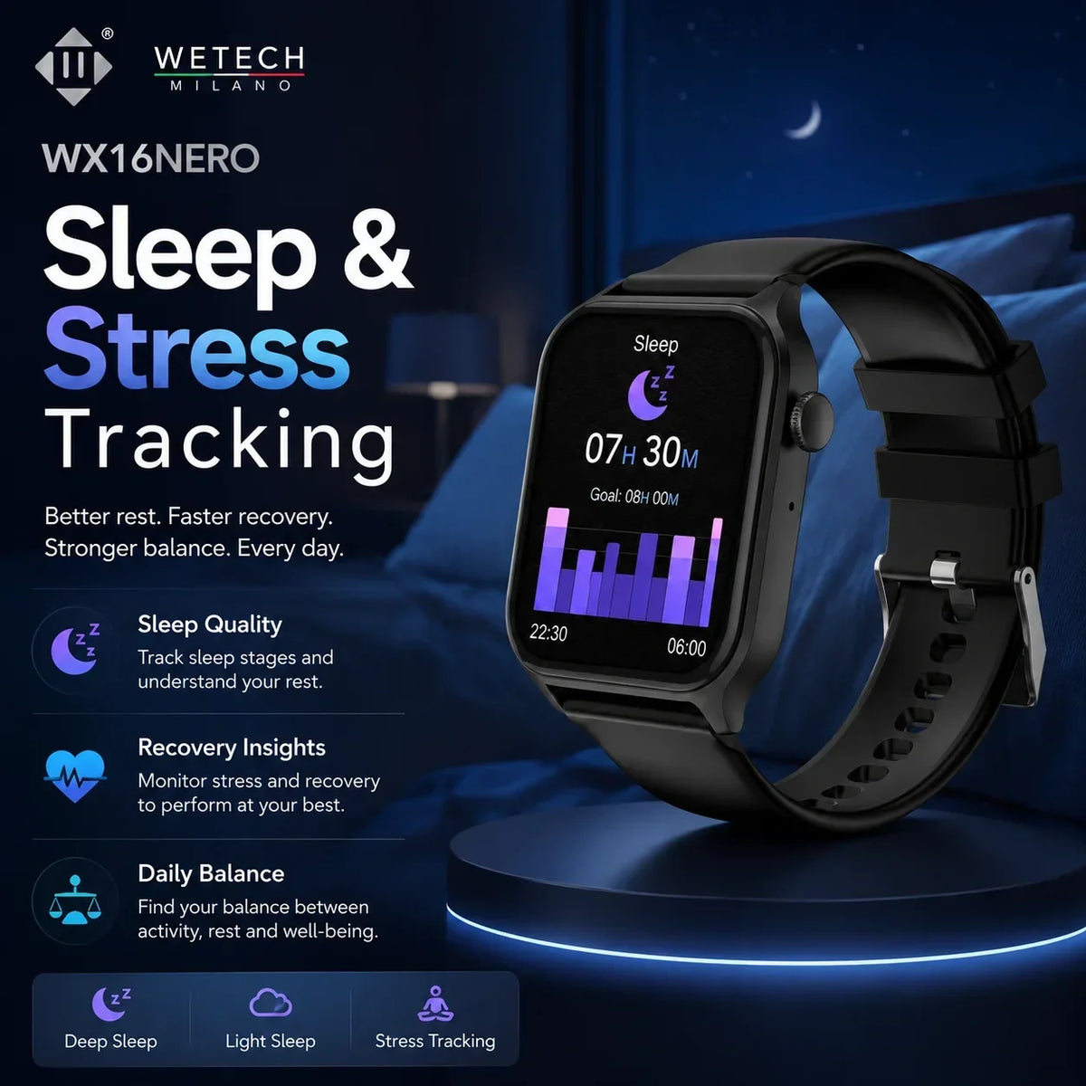 For Android IOS Users WETECH WX16 Smart Watch Bluetooth Call Internal Mic Touch Screen 123 Sport Modes Heart Sleep Stress Tracking Fitness Wristwatch 7-Day Battery White Black Two Colors Available