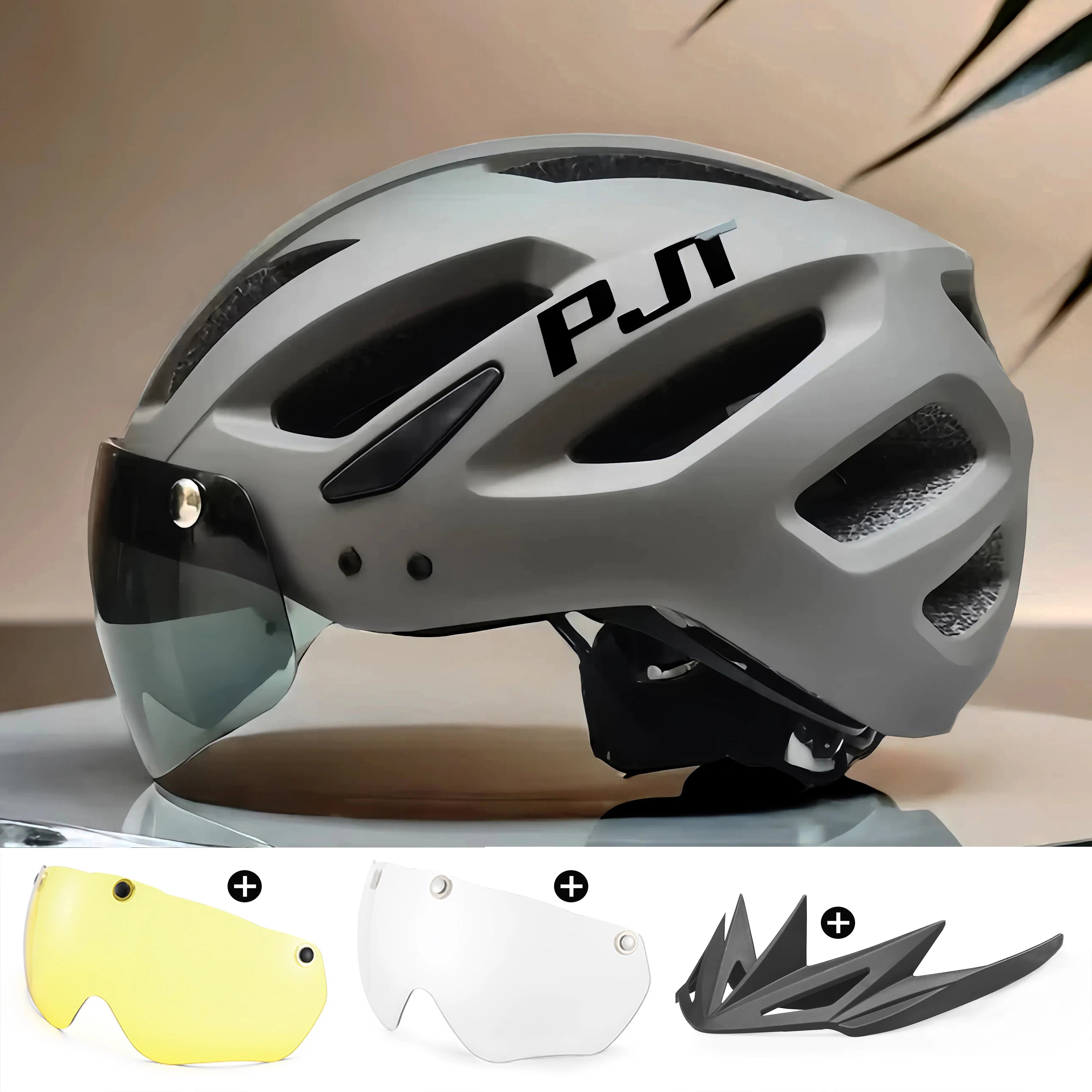 PJT New LED Bike Helmet With Sun Goggle Visor Rechargeable LED Men Bicycle Helmet Sunglasses Shield Road MTB Cycling Helmets 