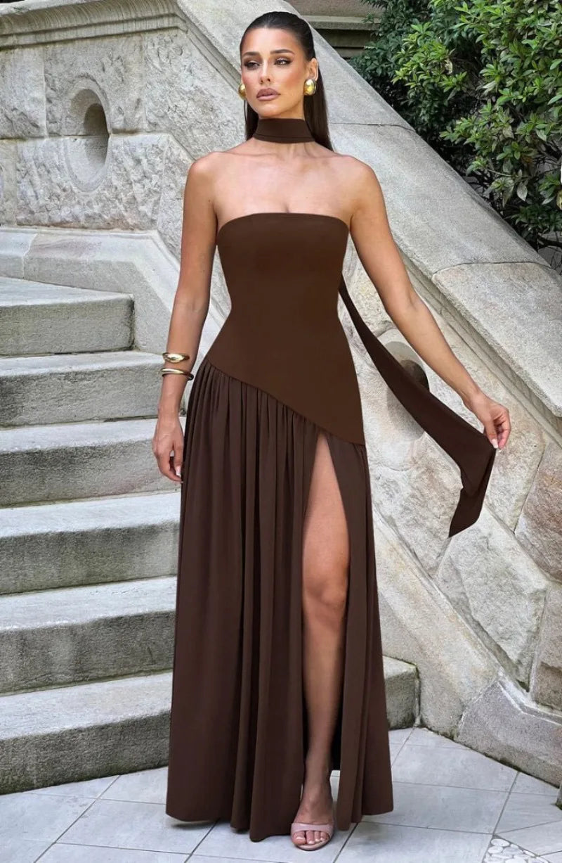 Elegant Strapless Floor-Length Women’s Slit Backless Evening Dress