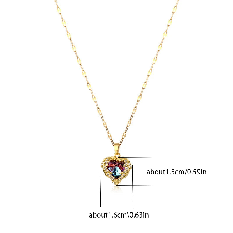 Top Luxury Colorful Crystal Ocean Heart Pendant Necklace For Women Trendy 316L Stainless Steel Jewelry Female Wedding Neck Chain 