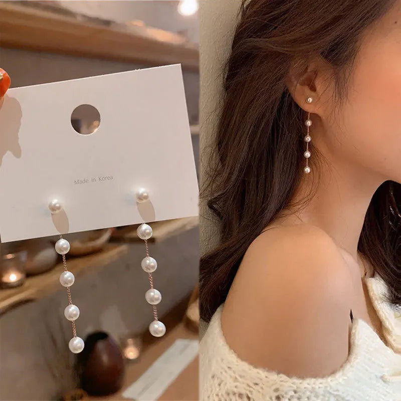 Korean Long Tassel Pearl Dangle Earrings for Women