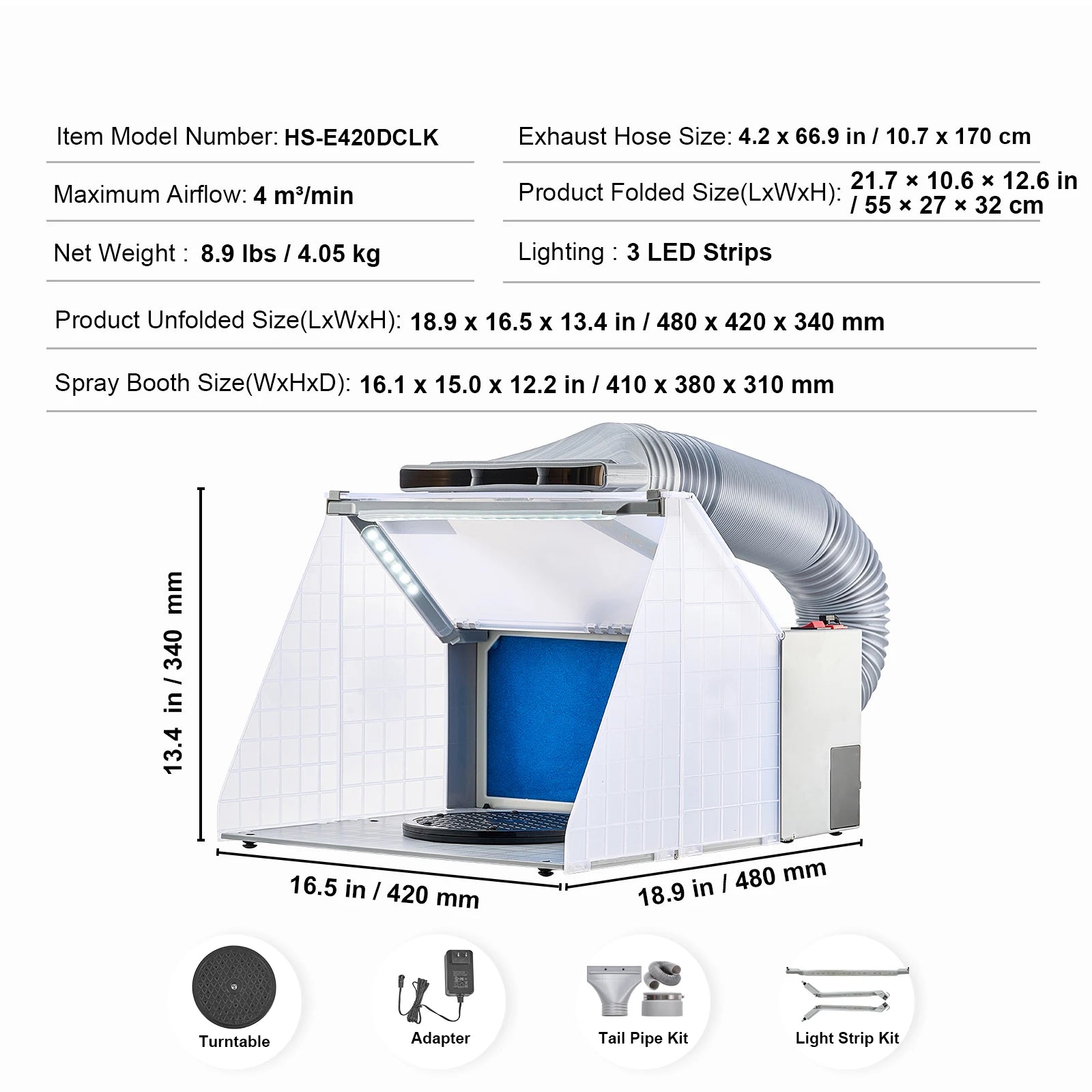 Cabine de pulvérisation aérographe portable avec double ventilateurs, éclairage LED et tuyau