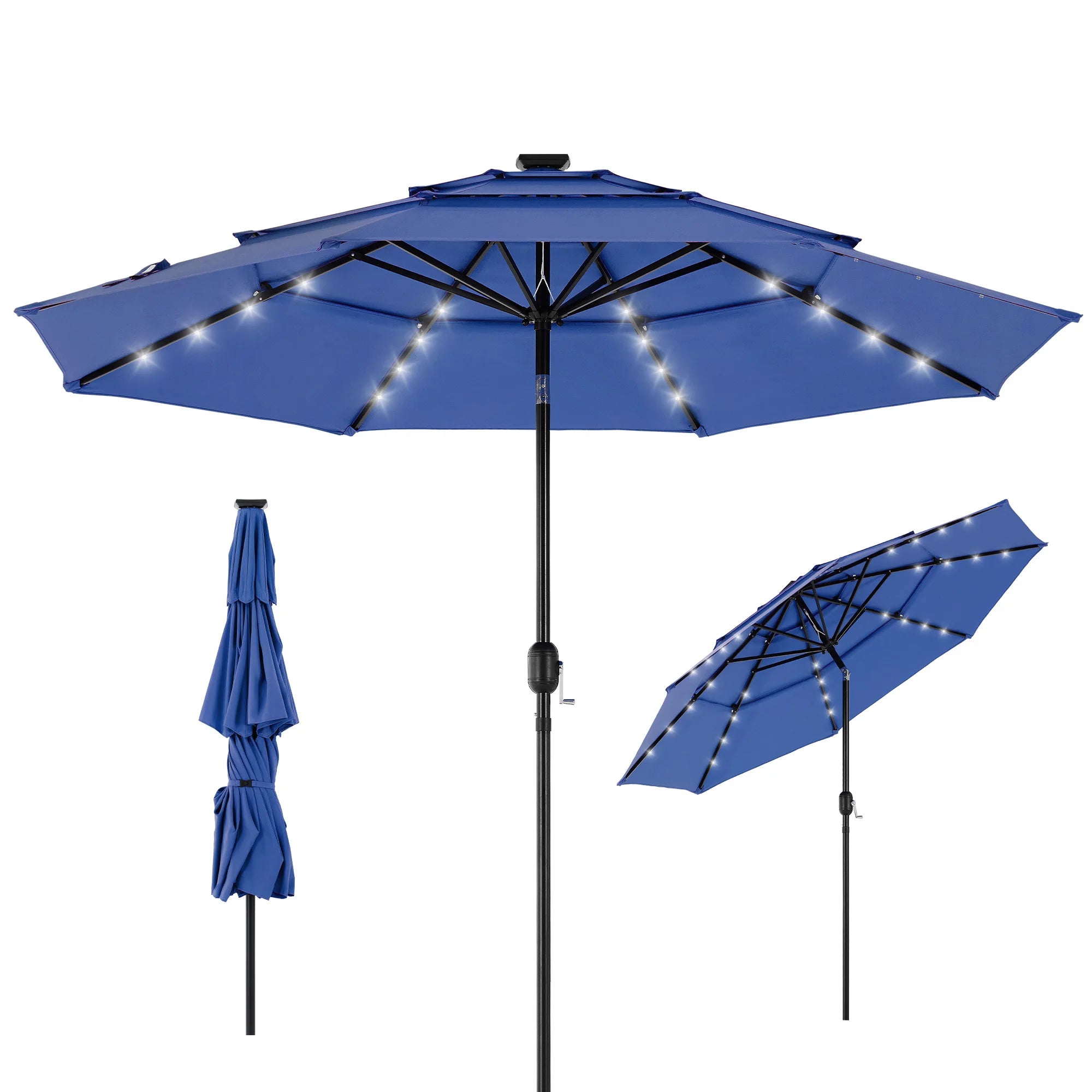 10FT udendørs parasol med solcelle-LED-lys og vippefunktion