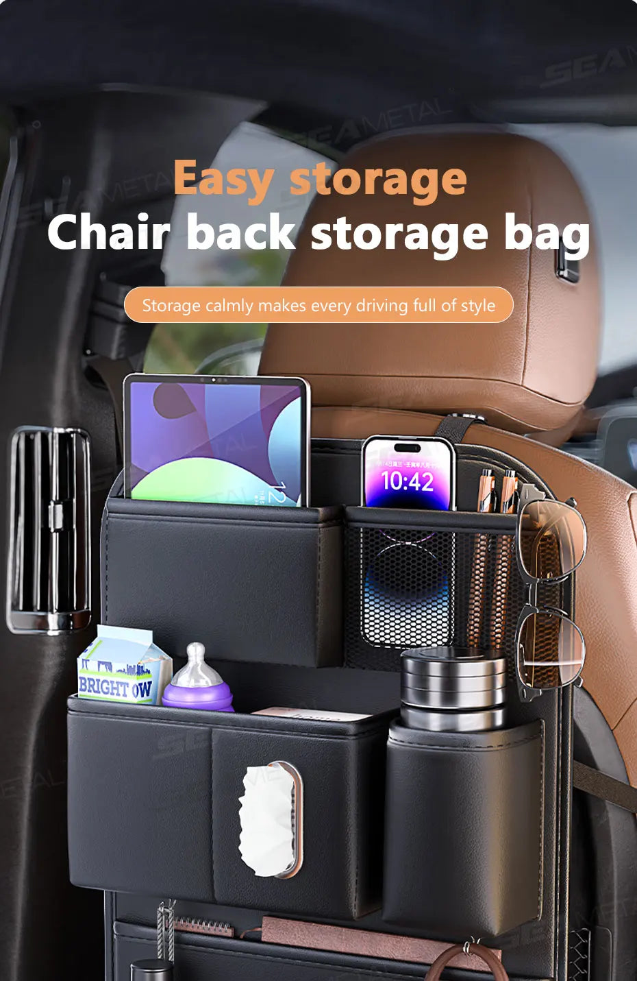 SEAMETAL 6-Pocket Car Seat Back Organizer Premium Pu Durable Car Back Seat Storage Bag Wear-Resistant Waterproof Anti-Kick Pad