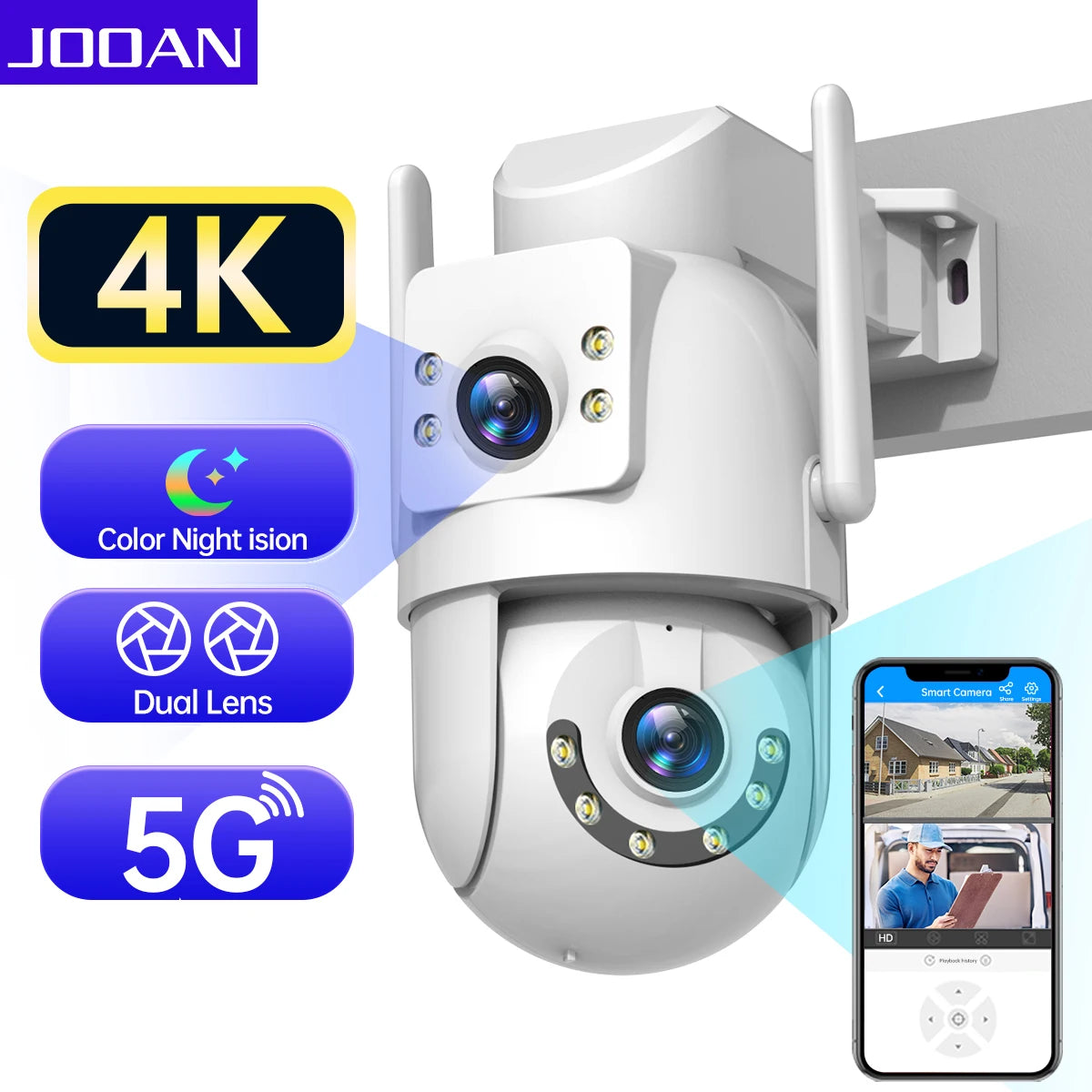 Jooan 4K 8MP HD Wifi PTZ Camera Outdoor 5G Wifi Dual Lens Security IP Cameras 5X Zoom AI Tracking ONVIF CCTV Surveillance Camera 