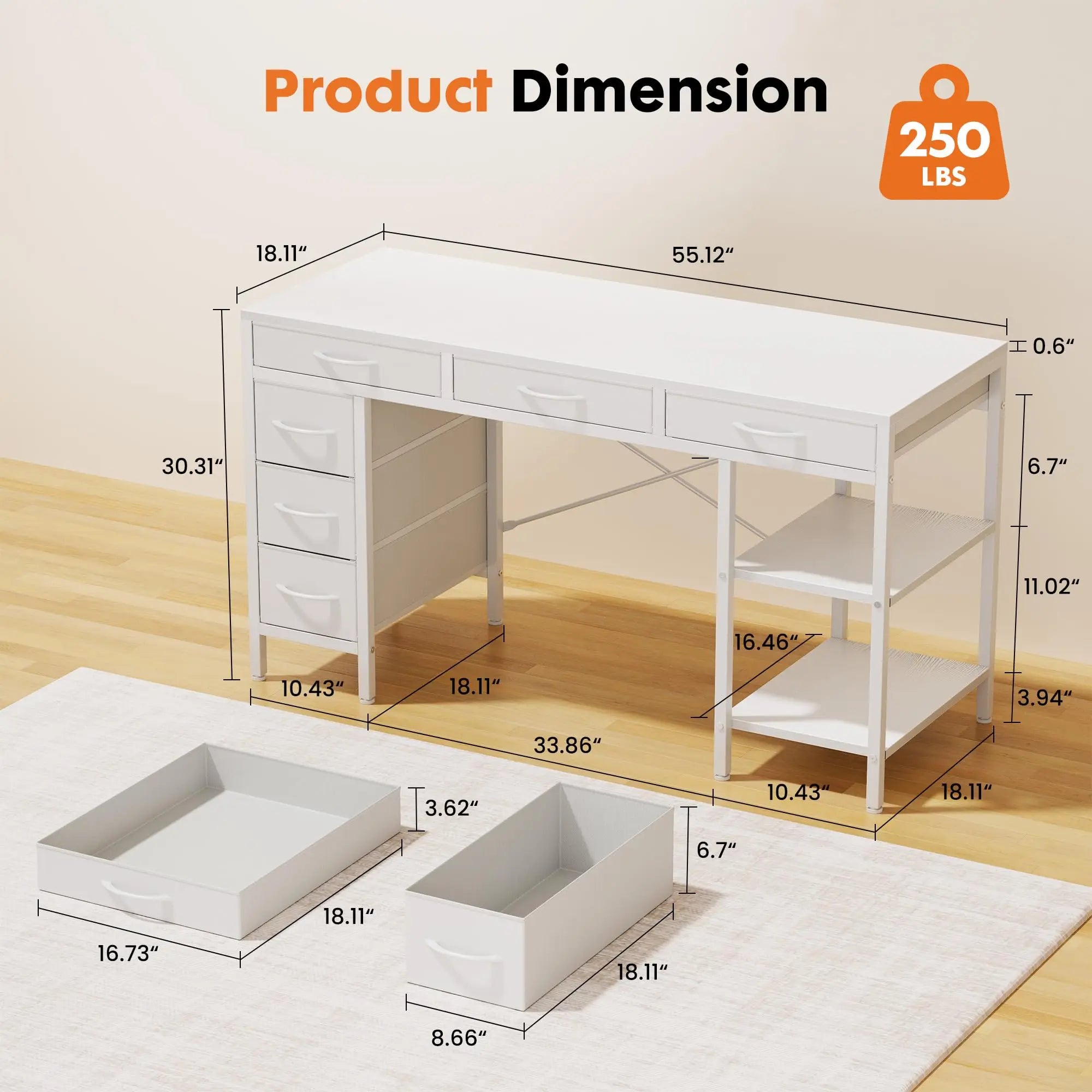 55 Inch Computer Desk with 6 Drawers and Storage Shelves