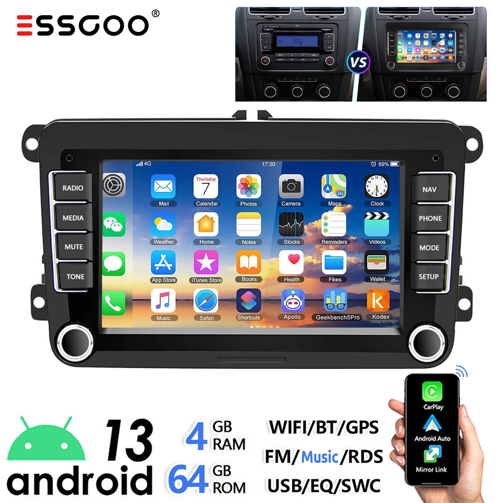 7" Android 14 Car Stereo for VW with CarPlay, GPS & Voice AI