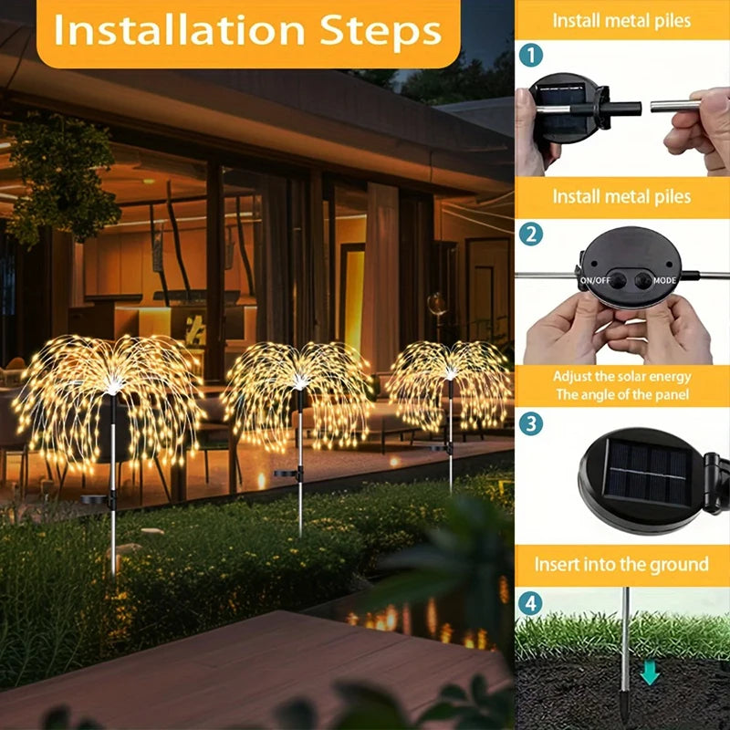 Luci solari da giardino a effetto fuochi d'artificio, 200 LED, per vialetti, strade, prati e giardini all'aperto