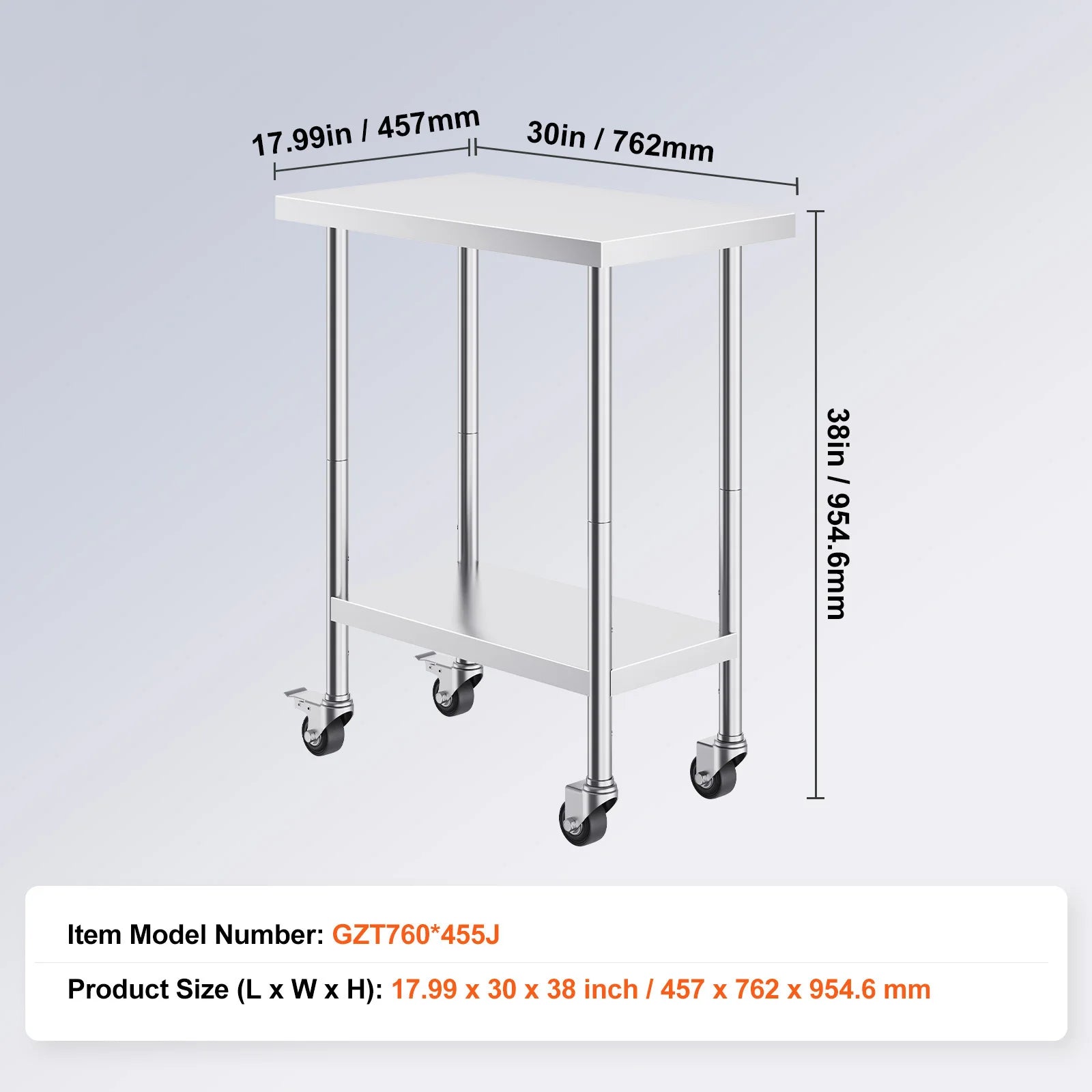 Stainless Steel Work Table with Wheels & Adjustable Shelves